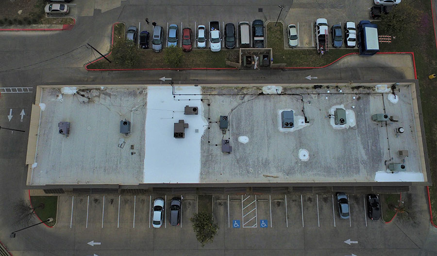 An aerial view of a building’s flat roof