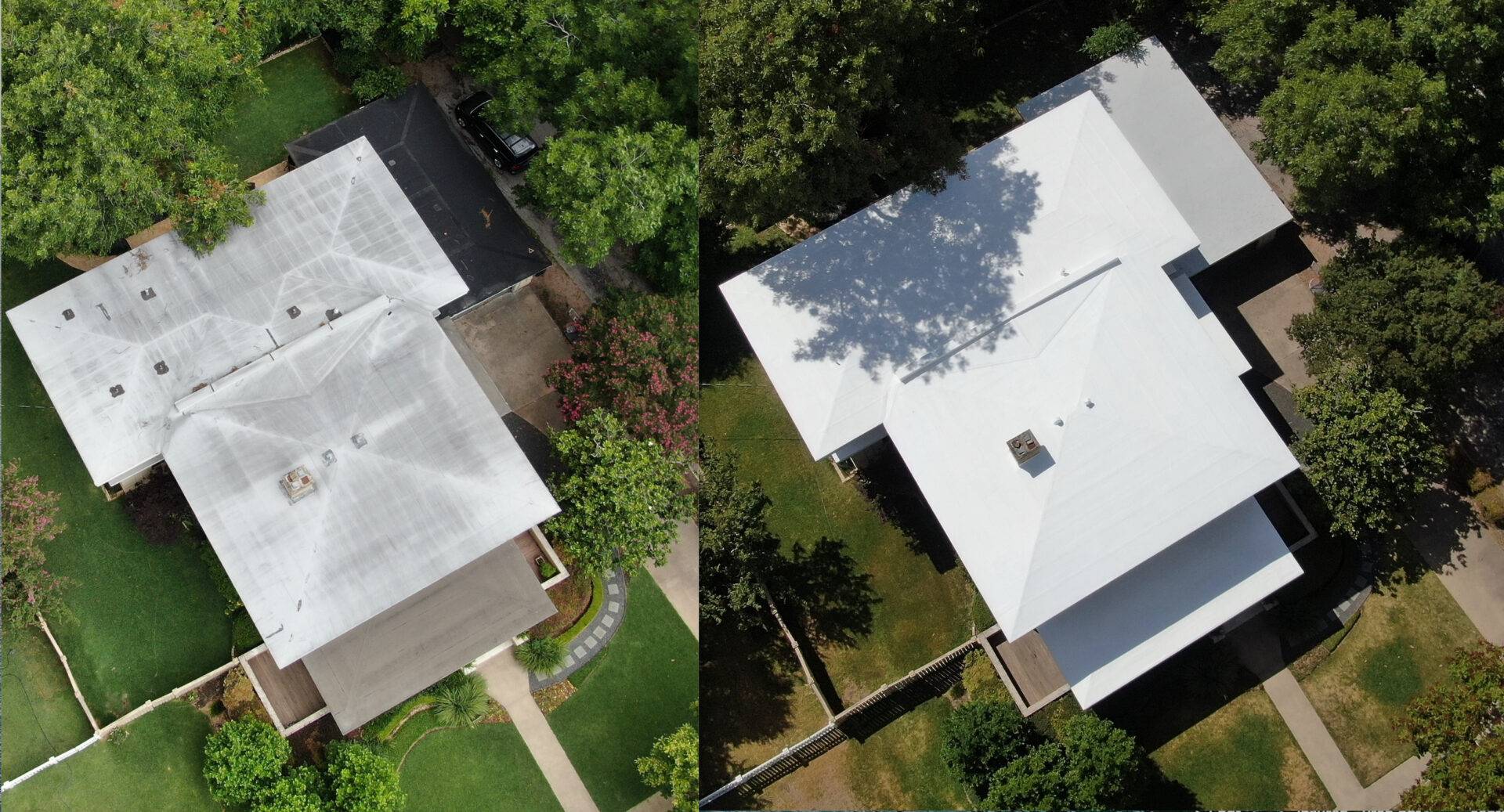 Aerial view of residential roof coating in Austin, Texas by LoveRain Roof Co.